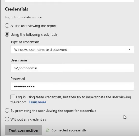 ssrs data source configuration credentials section